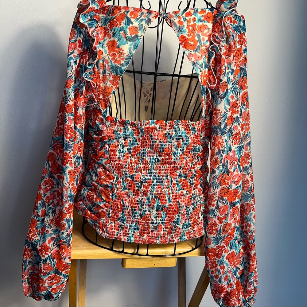 Free‎ People Bohemianfloral blouse ballon large sleeves size M - Picture 4 of 8